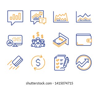 Trade infochart, Salary employees and Money wallet icons simple set. Credit card, Report statistics and Trade chart signs. Survey checklist, Accounting and Analytical chat symbols. Vector