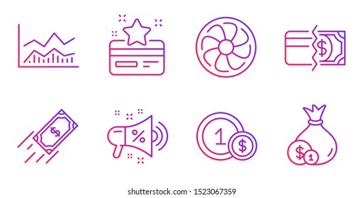 Trade infochart, Sale megaphone and Fast payment line icons set. Loyalty card, Usd coins and Fan engine signs. Payment methods, Cash symbols. Business analysis, Shopping. Finance set. Vector