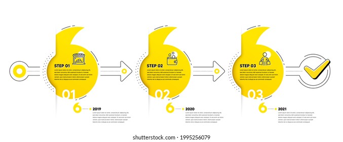 Trade Infographic Timeline With 3 Steps. Quotes Journey Path Infographics. Shopping Process Diagram With Trade Store, Money Bag, Shopper With Purchases Line Icons. Timeline Infograph Diagram. Vector