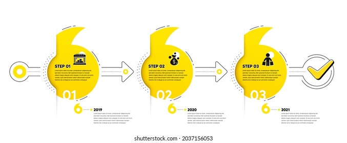 Trade Infographic timeline with 3 steps. Shopping process diagram with Trade store, Money bag, Shopper with purchases icons. Timeline infograph diagram. Quotes journey path infographics. Vector