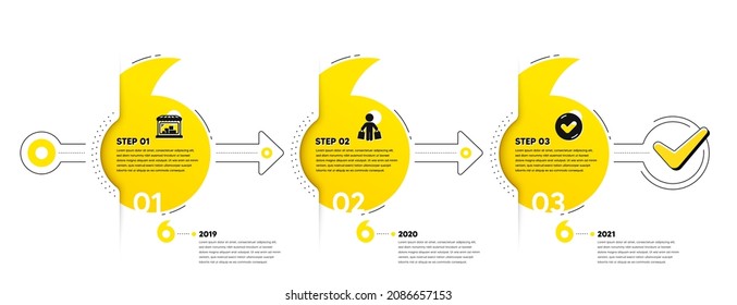 Trade Infographic Timeline With 3 Steps. Shopping Process Diagram With Trade Store, Shopper With Purchases, Approved Tick Icons. Timeline Infograph Diagram. Quotes Journey Path Infographics. Vector