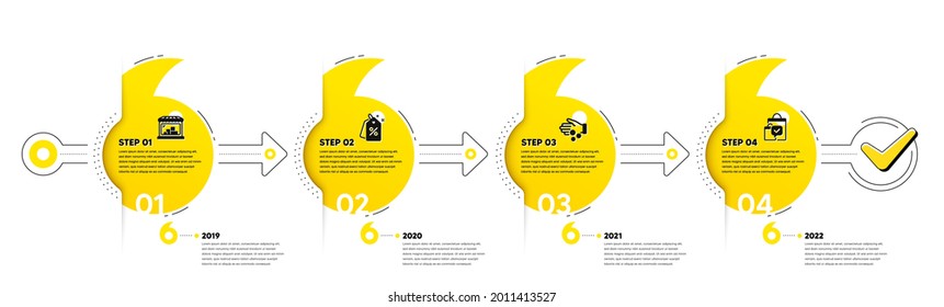 Trade Infographic timeline with 4 steps. Shopping process diagram with Trade Store, Discounts tag, Payment and Purchases icons. Timeline infograph diagram. Quotes journey path infographics. Vector