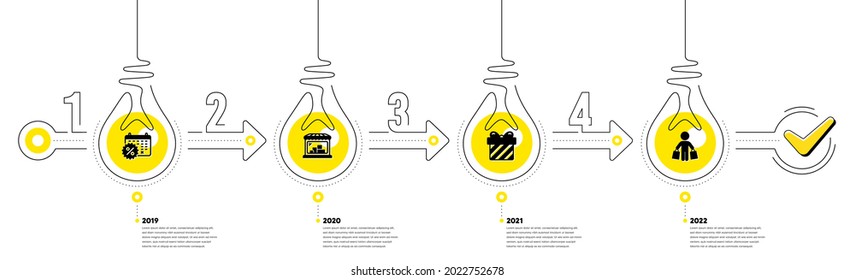 Handel Infografik-Zeitleiste mit 4 Schritten. Einkaufsprozess-Diagramm mit Rabatten Kalender, Shop, Geschenk und Shopper mit Käufen Symbole. Zeitstrahl-Infografik. Vektorgrafik