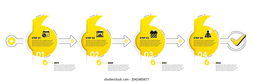 Trade Infographic timeline with 4 steps. Shopping process diagram with Discounts calendar, Shop, Gift and Shopper with purchases icons. Timeline infograph diagram. Vector