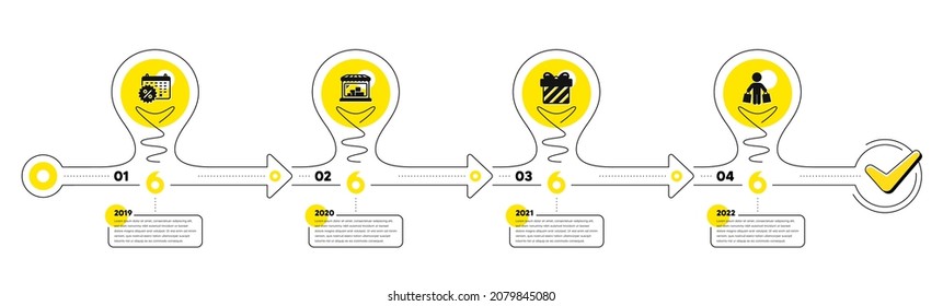 Trade Infographic timeline with 4 steps. Shopping process diagram with Discounts calendar, Shop, Gift and Shopper with purchases icons. Timeline infograph diagram. Vector