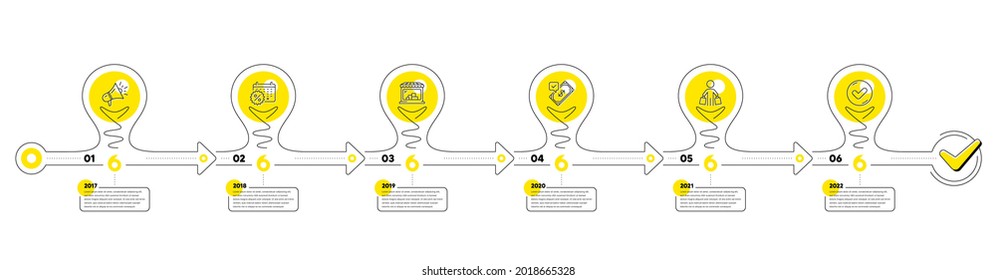 Trade Infographic timeline with 6 steps. Lightbulb journey path infographics. Shopping process diagram with Discounts calendar, Shop, Payment and Shopper with purchases line icons. Vector