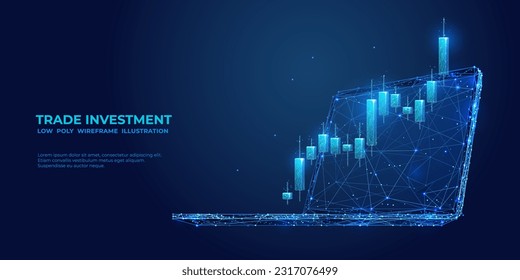 Trade investment concept. Digital graph chart on laptop screen. Stock market candlestick in polygonal wireframe style. Web banner with abstract 3D vector illustration on blue technological background svg