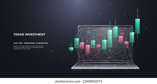 Trade investment concept. Stock market candlestick in polygonal wireframe style. Digital graph chart on laptop screen. Abstract 3D vector illustration on dark technological background.