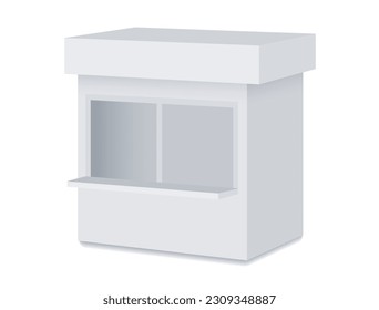 Trade kiosk or counter with a window. Mobile market for outdoor shopping or promotion. 3d Vector realistic Mockup for branding. Exhibition stall isolated on white background. Blank template. EPS 10.