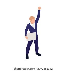 Trade labor union employee right protection composition with isometric person defending their rights holding placard vector illustration