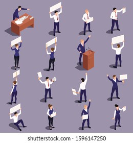 Trade labor union employees defending their rights holding banners picket signs isometric figures set gray background vector illustration 
