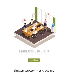 Trade labor union representative checking  employees working time tracking system regulations isometric composition office interior vector illustration 