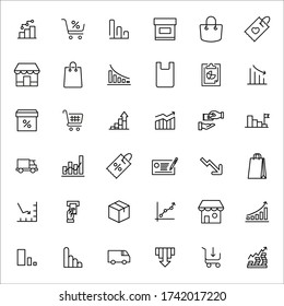 conjunto de iconos de línea de comercio. Elementos vectores de trazo para el diseño de moda. Pictogramas simples para concepto móvil y aplicaciones web. Iconos de línea de vectores aislados en un fondo blanco. 