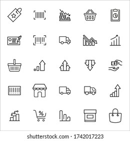 conjunto de iconos de línea de comercio. Elementos vectores de trazo para el diseño de moda. Pictogramas simples para concepto móvil y aplicaciones web. Iconos de línea de vectores aislados en un fondo blanco. 