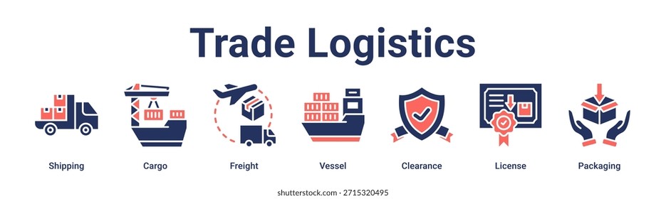 Concepto de Ilustración vectorial de icono de Web de Anuncio de logística comercial para negocios con ícono de envío, carga, carga, buque, despacho, Licencia.
