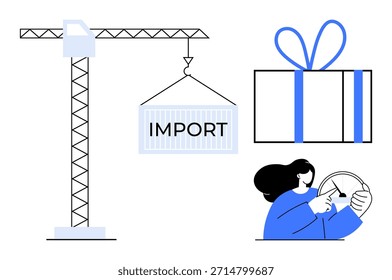 Comércio, logística, importação-exportação, negócios globais, doação, comércio eletrônico. Um guindaste levantando um contêiner de importação, uma caixa de presente e uma mulher dirigindo. Comércio e logística com elementos claros