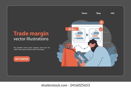 Trade Margin web or landing. A financial concept illustration showing cost versus sales price to calculate trade margins. Emphasizing smart pricing strategies for profit maximization. Flat vector.