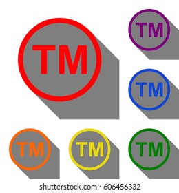 Trade mark sign. Set of red, orange, yellow, green, blue and violet icons at white background with flat shadow.