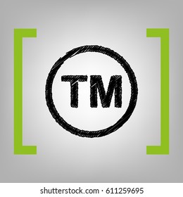 Trade mark sign. Vector. Black scribble icon in citron brackets on grayish background.