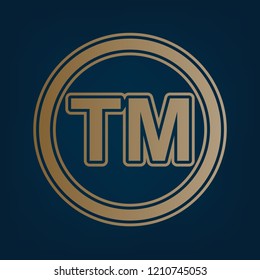 Trade mark sign. Vector. Golden icon and border at dark cyan background.