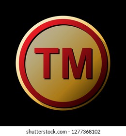 Trade mark sign. Vector. Red icon with small black and limitless shadows at golden sticker on black background.