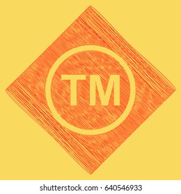 Trade mark sign. Vector. Red scribble icon obtained as a result of subtraction rhomb and path. Royal yellow background.