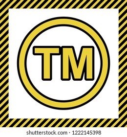 Trade mark sign. Vector. Warm yellow icon with black contour in frame named as under construction at white background. Isolated.