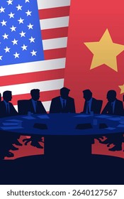 Trade negotiation meeting silhouette with flags. Businesspeople at round table in front of US and China flags. Geopolitical discussion concept
