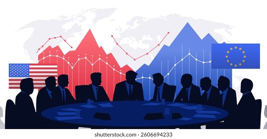 Trade negotiations meeting with silhouettes of people around a table in front of fluctuating graphs and flags of USA and EU on a world map background