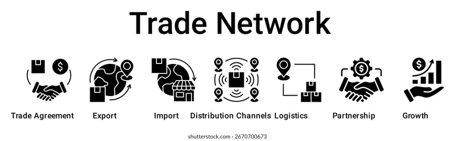Concepto de Ilustración vectorial de icono de Web de Anuncio de red comercial para negocios con ícono de Acuerdo comercial, exportación, importación, canales de distribución, logística, asociación.