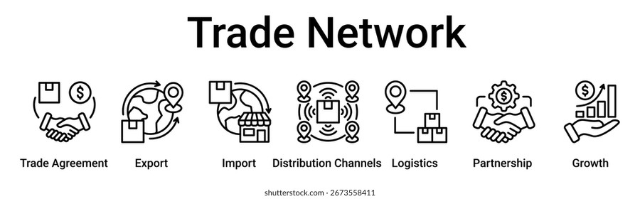Trade Network banner web icon vector illustration concept for business with icon of Trade Agreement, Export, Import, Distribution Channels, Logistics, Partnership.
