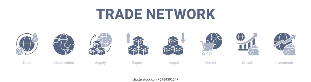 Trade Network web banner ícone vetor ilustração conceito , com ícone de Comércio, Globalização, Suprimento, Exportação, Importação, Mercado.