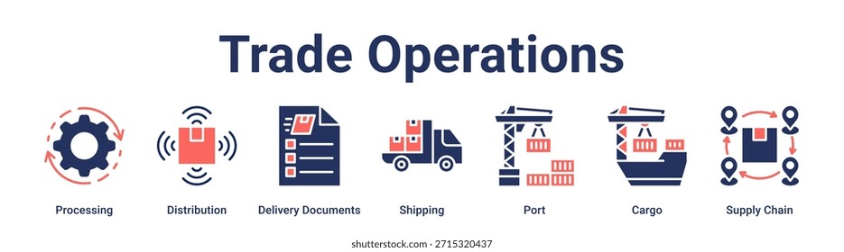 Anuncio Concepto de Ilustración vectorial de icono de Web de operaciones comerciales para negocios con ícono de procesamiento, distribución, documentos de entrega, envío, puerto, carga, suministro.