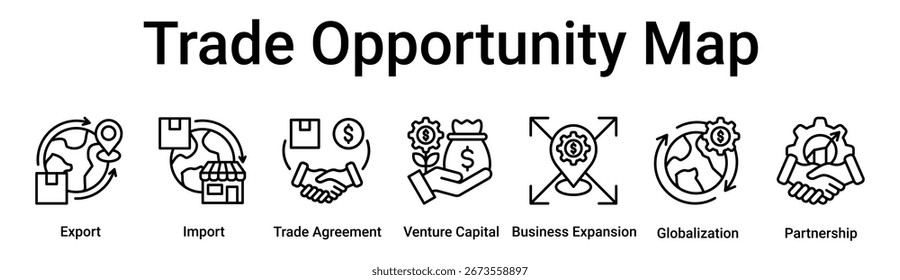 Trade Opportunity Map Banner Web-Symbol Vektorgrafik-Konzept für Unternehmen mit Symbol für Export, Import, Handelsvereinbarung, Risikokapital, Geschäftsexpansion, Globalisierung.