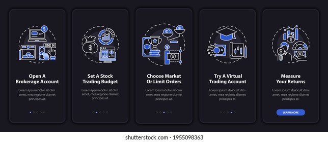 Trade plan onboarding mobile app page screen with concepts. Brokerage account, market orders walkthrough 5 steps graphic instructions. UI, UX, GUI vector template with linear night mode illustrations