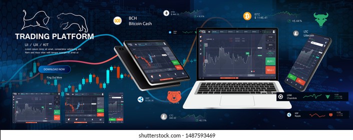 Trade Platform App Screens, UI design smartphone, tablet, notebook. Forex market, stock platform, binary option. Application screen for trading. Candles and indicators. Cryptocurrency and finance.