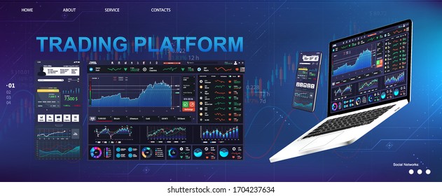 Diseño del tablero de mandos de interfaz de usuario de la plataforma comercial. El concepto de una aplicación universal con criptodivisa y finanzas (opción binaria, mercado de divisas) App para comercio en línea, laptop y smartphone. Tablero de vectores
