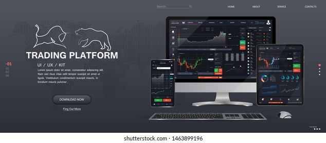 Trade Platform UI Design. Web Site Screen Template. The Concept Of A Universal Application With Cryptocurrency And Finance (Binary Option, Forex Market) App For Online Trading ,tablet, Smartphone, Pc.