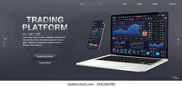 Mockup de banners web de la plataforma comercial. Supervisión del mercado y negociación de acciones y criptomonedas en línea. Mercado de divisas, noticias y análisis. Teclas Trade App y Binary Option en diferentes gadgets. Vector