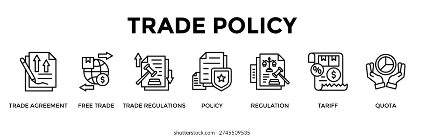 Trade Policy Banner Web Icon Set Collection Pack Vector Illustration Concept For Trade Agreement, Free Trade, Trade Regulations, Policy, Regulation, Tariff, Quota