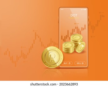 Trade Polkadot (DOT) on mobile through the system Cryptocurrency. Perspective Illustration about Crypto Coins.