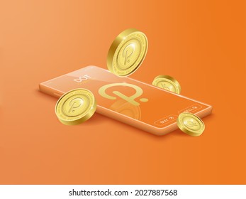 Trade Polkadot (DOT) on mobile through the system Cryptocurrency. Perspective Illustration about Crypto Coins.