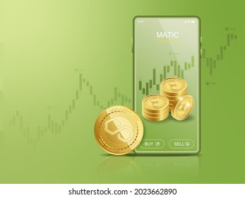 Trade Polygon (MATIC) on mobile through the system Cryptocurrency. Perspective Illustration about Crypto Coins.