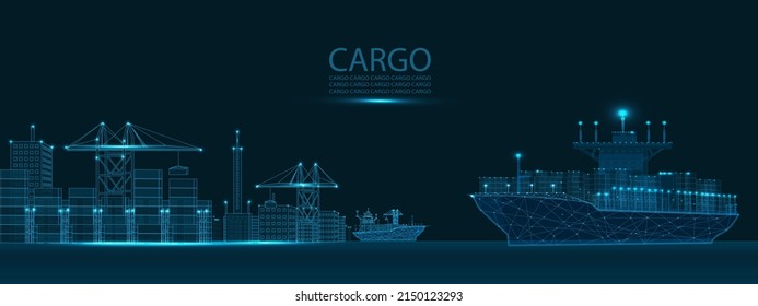 Trade port low poly wireframe banner template. Digital vector cargo ship, container, crane and warehouse in dark blue. Container ships, transportation, logistics, business, worldwide shipping concept.