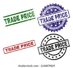 TRADE PRICE seal prints with corroded style. Black, green,red,blue vector rubber prints of TRADE PRICE title with grunge style. Rubber seals with circle, rectangle, medallion shapes.