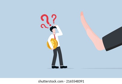 Trade protectionism, obstacle to join investment, business conflict, refusal for cooperation concept. Giant hand with stop gesture denying confused business holding money coin. 