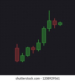 Trade Red and Green Candlesticks Isolated on Dark Transparent Background. Forex Trading, Stock Chart with Bull Trend. Candles Pattern. Vector Illustration.
