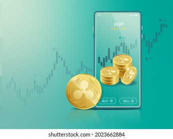 Trade Ripple (XRP) on mobile through the system Cryptocurrency. Perspective Illustration about Crypto Coins.