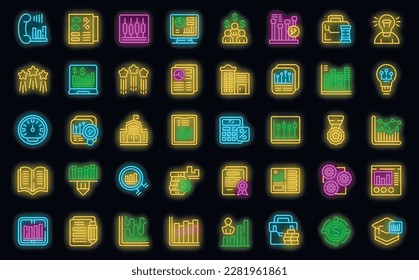Trade school icons set outline vector. Money academy. Bank education neon color on black