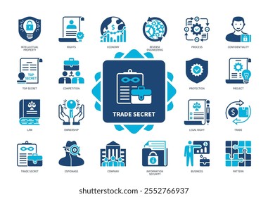 Geschäftsgeheimnis-Symbolsatz. Wettbewerb, Rechte, Projekt, Eigentum, Spionage, Vertraulichkeit, Geschäft, Unternehmen. Duotonfarben-Volltonsymbole